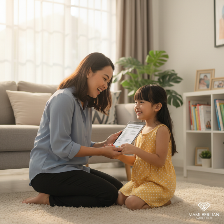 Seorang ibu sedang melakukan interview nanny profesional di ruang tamu untuk memastikan keamanan anak