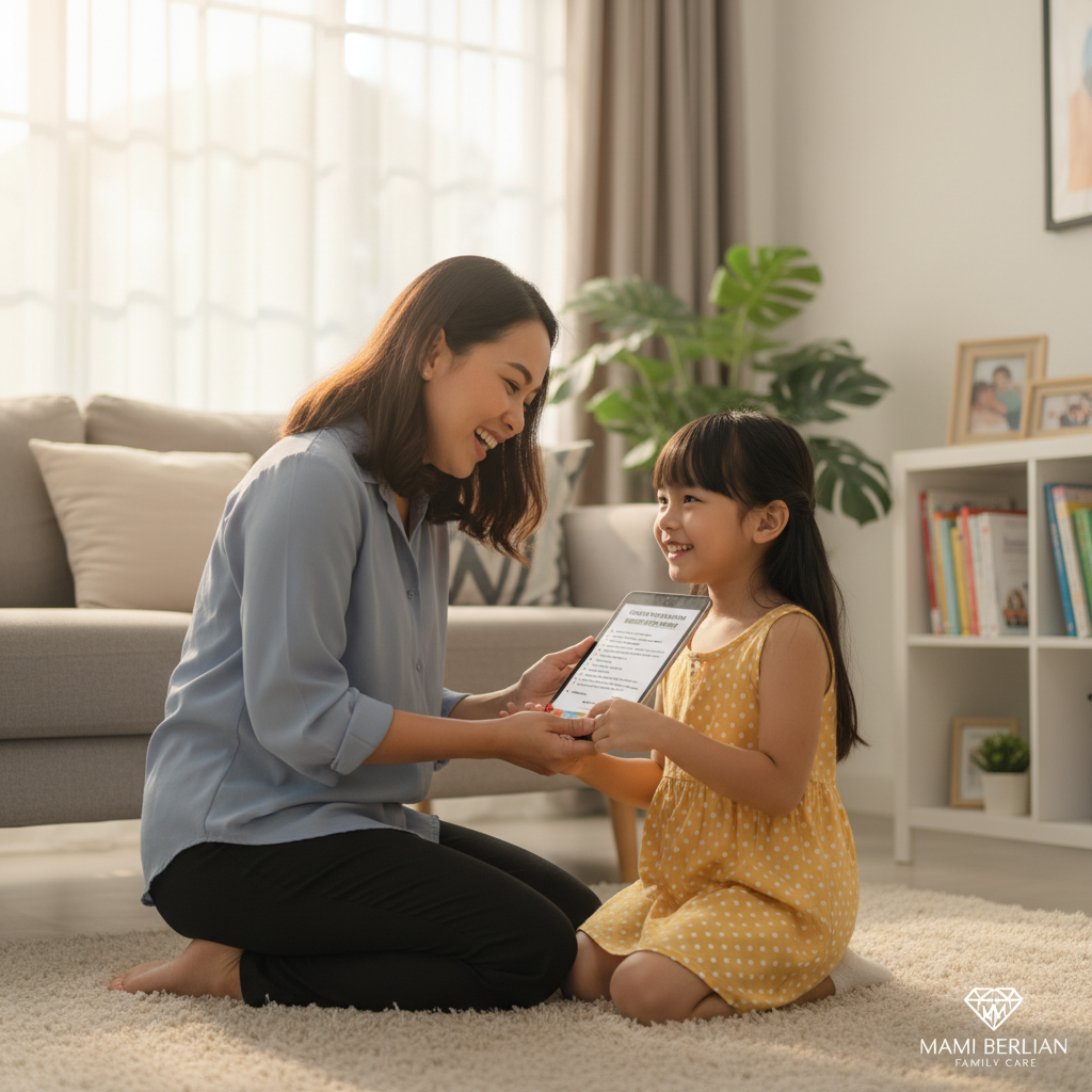 Seorang ibu sedang melakukan interview nanny profesional di ruang tamu untuk memastikan keamanan anak