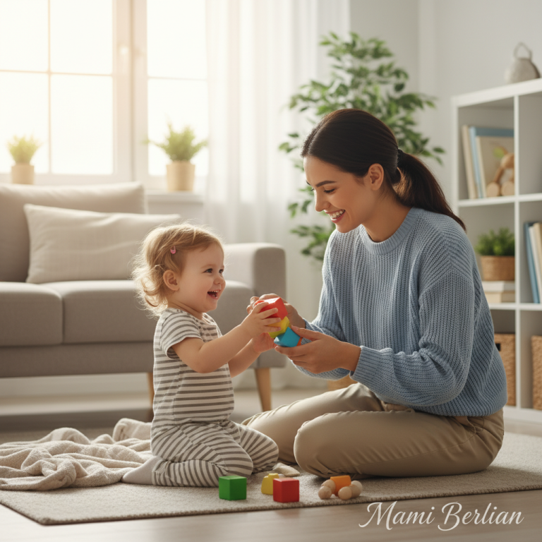 Babysitter profesional Mami Berlian Agency sedang menemani balita bermain dengan ceria di ruang tamu menggunakan mainan edukatif