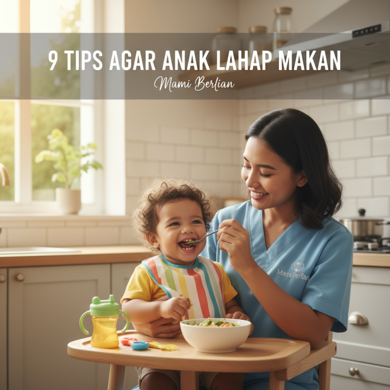 Seorang babysitter profesional dari Mami Berlian Agency sedang menyuapi anak balita dengan sabar agar anak lahap makan