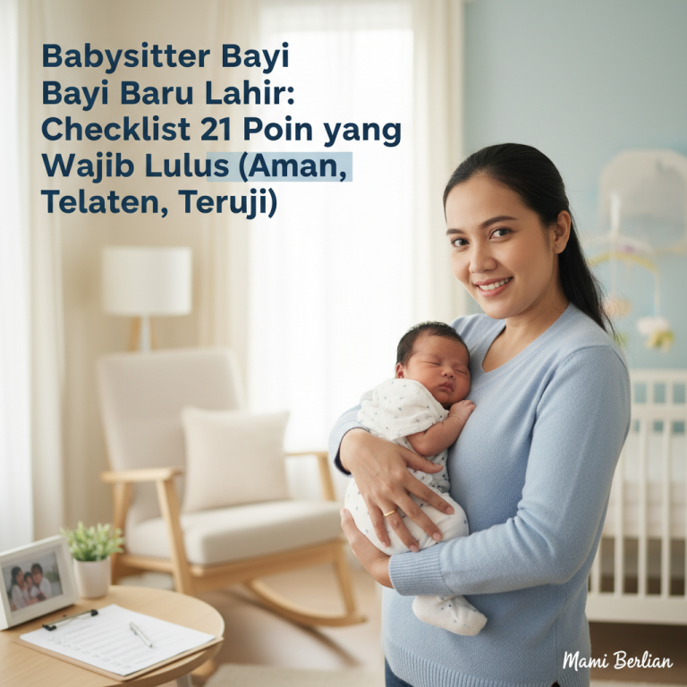 Seorang babysitter bayi baru lahir profesional dari Mami Berlian Agency sedang menggendong bayi dengan posisi yang benar dan aman