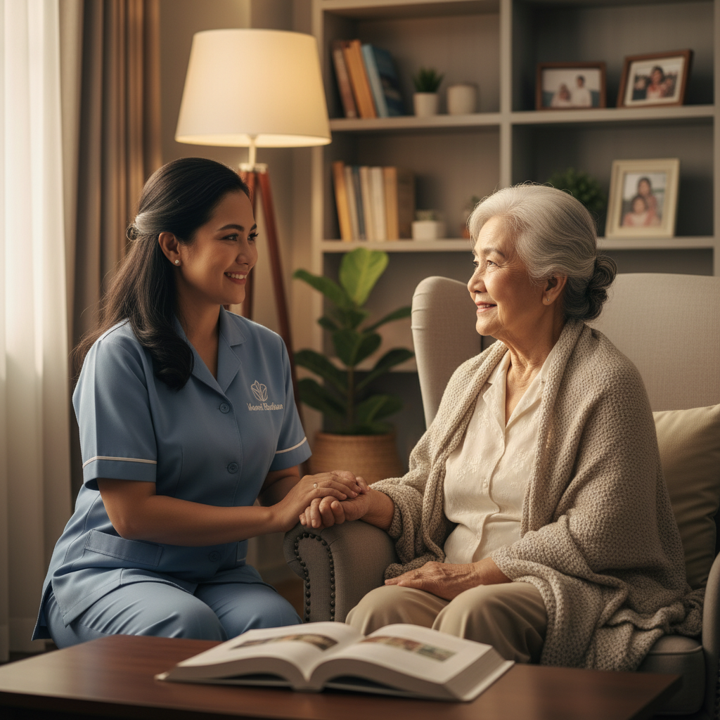 Perawat lansia profesional sedang membantu pasien stroke berlatih jalan di rumah dengan penuh kesabaran dan dukungan fisik