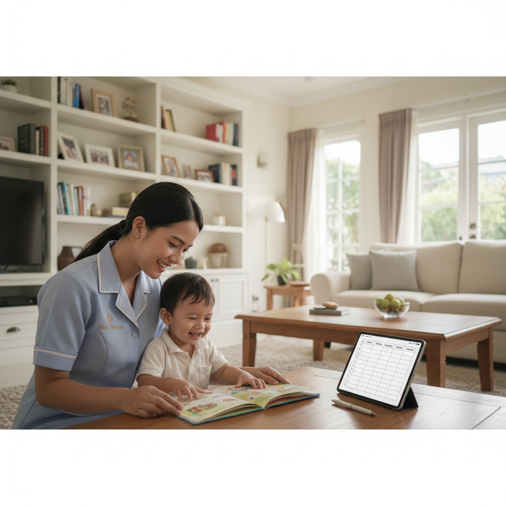 Seorang asisten rumah tangga profesional sedang menyeka meja ruang tamu yang bersih sebagai bagian dari daftar tugas ART harian yang terorganisir