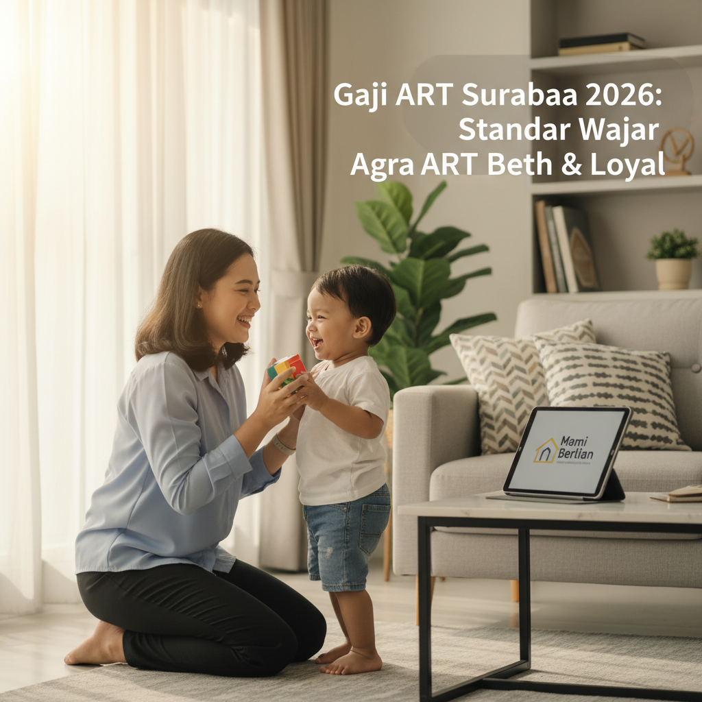 Seorang asisten rumah tangga profesional yang sedang tersenyum ramah saat membersihkan rumah modern di Surabaya, merepresentasikan standar gaji ART Surabaya 2026 yang layak