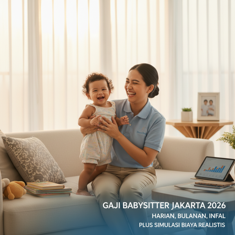 Gaji Babysitter Jakarta 2026 yang profesional sedang menggendong bayi dengan penuh kasih sayang di ruang tamu modern.