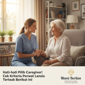 Perawat lansia wanita dari Mami Berlian Agency sedang menemani kakek berjalan dengan sabar dan telaten menggunakan kriteria perawat lansia terbaik