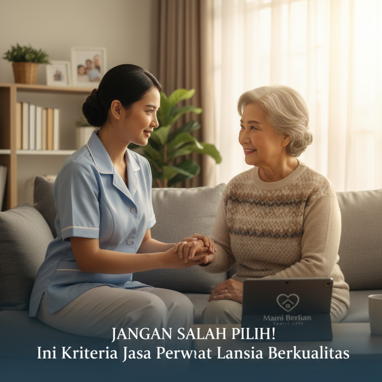 Seorang caregiver wanita muda sedang memegang tangan lansia dengan lembut, menunjukkan dedikasi jasa perawat lansia berkualitas dari Mami Berlian Agency.