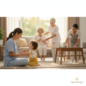 Seorang asisten rumah tangga sedang merapikan tempat tidur dengan teliti, ilustrasi layanan jasa penyalur ART terpercaya yang mengutamakan keamanan