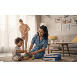Seorang Nanny profesional yang mengenakan seragam rapi sedang berinteraksi edukatif dengan anak balita menggunakan mainan edukatif di ruang tamu yang bersih dan aman.
