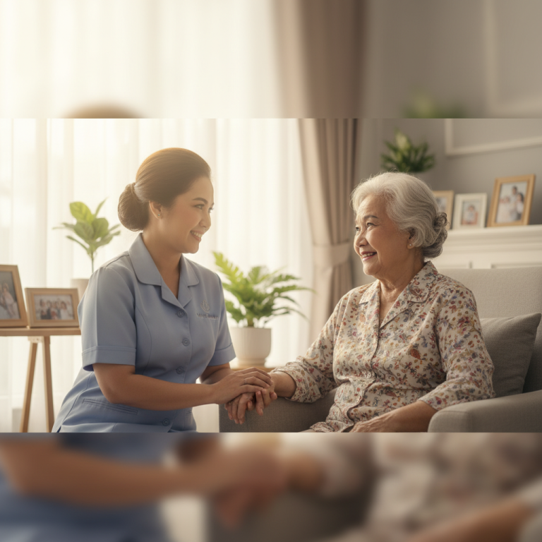 Seorang perawat lansia profesional sedang membantu seorang nenek berjalan dengan sabar dan penuh perhatian