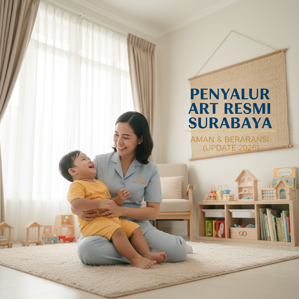 Asisten rumah tangga profesional dari Penyalur ART Resmi Surabaya sedang merapikan ruang keluarga dengan senyum ramah.