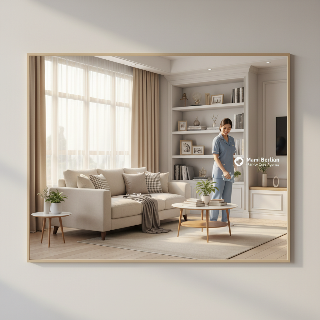 Seorang asisten rumah tangga profesional dari Mami Berlian sedang merapikan ruang tamu yang bersih dan nyaman untuk rahasia rumah rapi tanpa lelah.