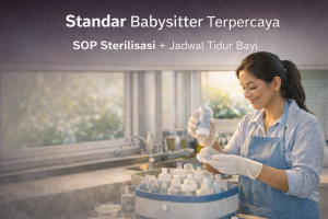 Babysitter profesional melakukan sterilisasi botol bayi sesuai SOP