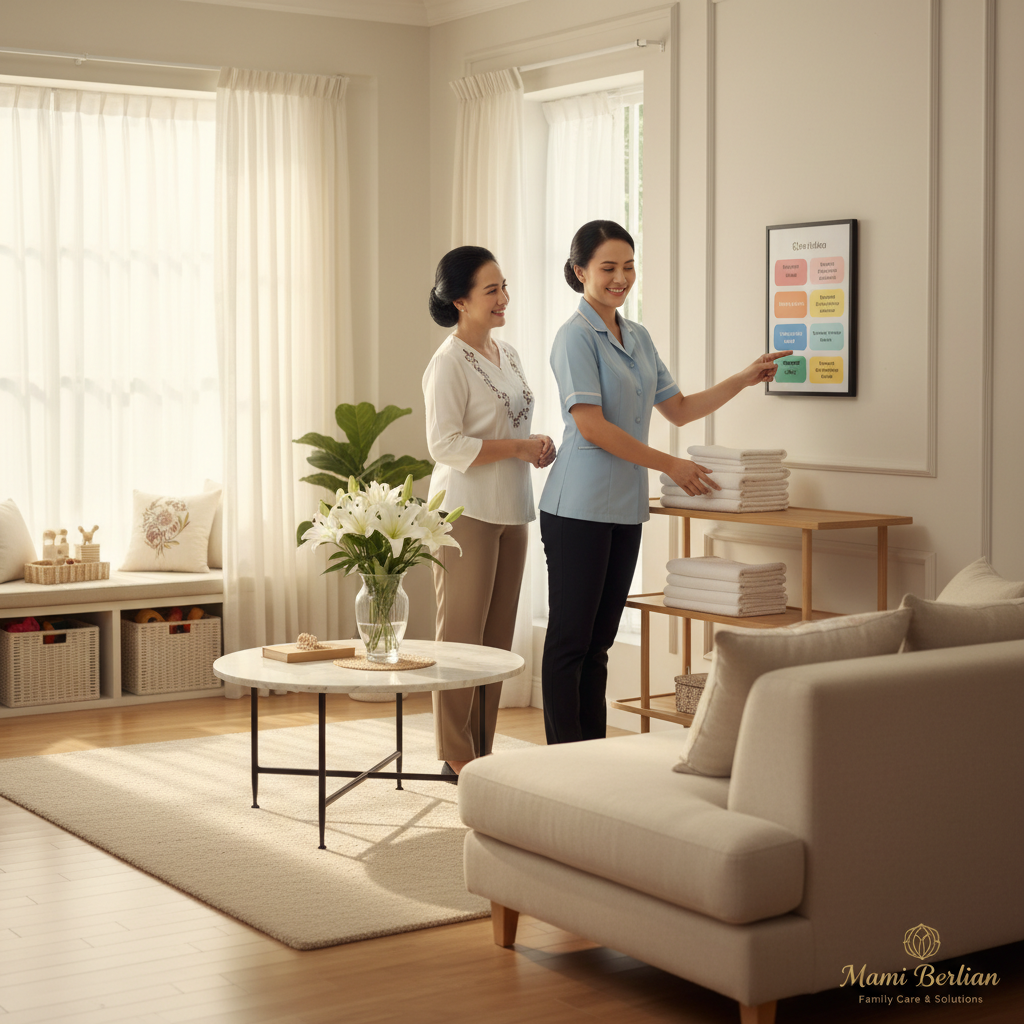 Seorang asisten rumah tangga profesional sedang merapikan ruang tamu yang bersih dan terorganisir sebagai implementasi tips mengatur tugas ART