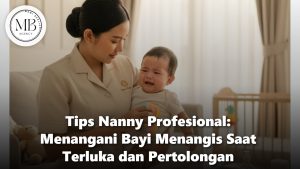 Nanny profesional sedang menenangkan bayi menangis dengan penuh perhatian