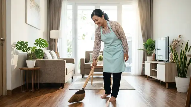 Asisten rumah tangga profesional Mami Berlian Agency menyapu dan membersihkan rumah