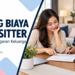 Ilustrasi AI orang tua dan babysitter membahas lembar anggaran pengasuhan anak