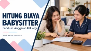 Ilustrasi AI orang tua dan babysitter membahas lembar anggaran pengasuhan anak