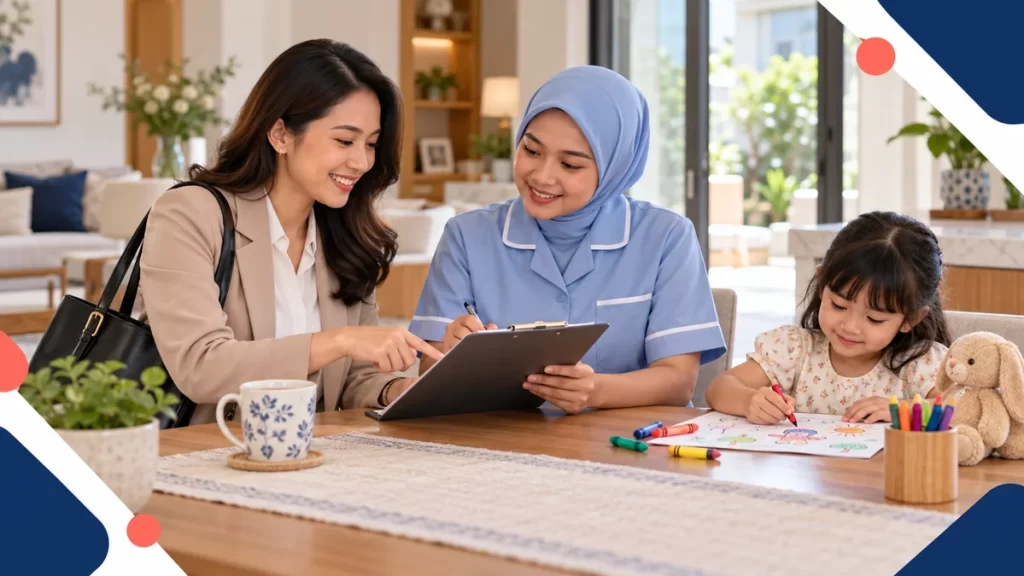 Ilustrasi AI orang tua dan babysitter memeriksa catatan serah terima sementara anak menggambar di dekat mereka