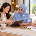 Ilustrasi AI orang tua dan babysitter memeriksa catatan serah terima sementara anak menggambar di dekat mereka