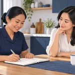 Ilustrasi ART mencatat laporan pekerjaan harian sambil berdiskusi dengan majikan.