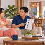 Ilustrasi AI keluarga membahas pembagian tugas rumah dengan ART setelah ibu melahirkan