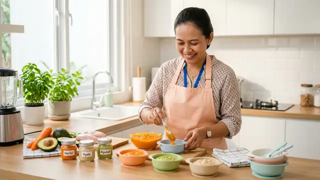 Pengasuh profesional Mami Berlian Agency menyiapkan MPASI bergizi untuk bayi